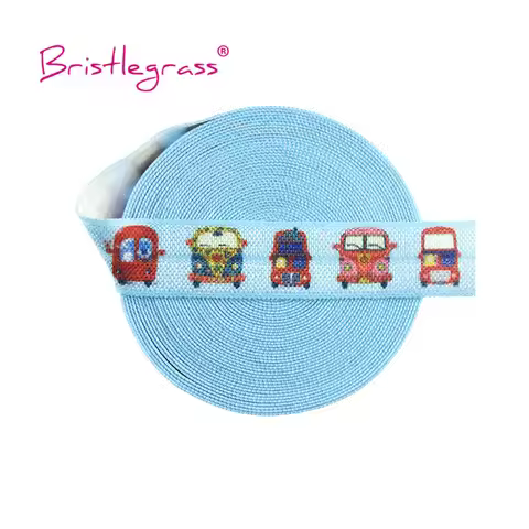 BRISTLEGRASS 2 5 10 Yard 5/8" 15mm Blue Cartoon Car Print Shiny Fold Over Elastics FOE Spandex Satin