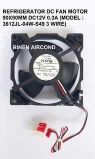 REFRIGERATOR DC FAN MOTOR 90X90MM DC12V 0.3A (MODEL : 3612JL-04W-S49 3 WIRE)