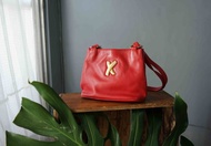 尋寶復古古董包-by Paloma Picasso義大利紅色皮革肩背梯形包