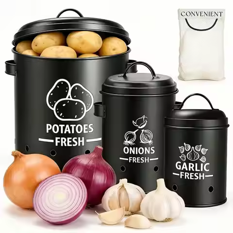 Potato Onion Garlic Storage Bin Set Farmhouse Rustic Black Metal 3-Piece Vegetable Storage Container