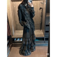 [SR-STUDIO]open yy   2025SS New Plaid Lace Splicing Cake Dress Shirt Suit Female HG4T