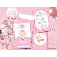 50 Birthday, first birthday, first month invitations with pictures of a little girl holding a milk b