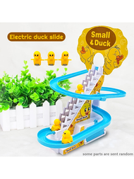 1件鴨子爬樓梯玩具,搭配3隻小鴨的電動軌道,帶燈光和音樂的鴨子滑梯,生日禮物