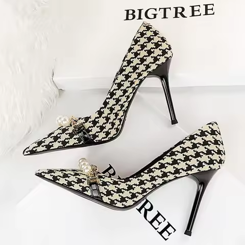 BIGTREE Spring Women Pumps Pearl Metal Chain High-heels Checked Grain Stilettos Heels Luxury Banquet