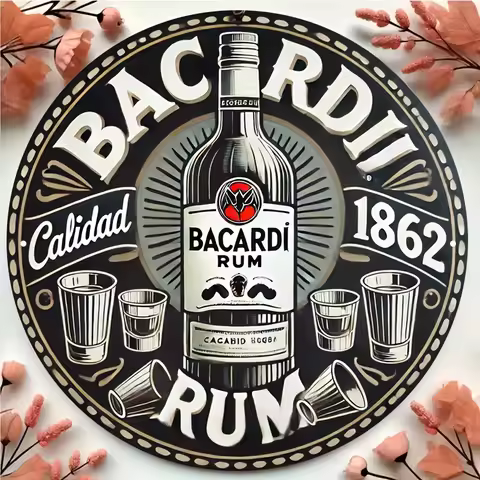 2D Flat - 1pc Bacardi Rum 18.62inch Round Aluminum Sign - Vintage Style with Bacardi Bottle & Glasse