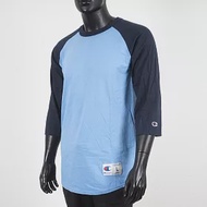 Champion [T137-FA109] 男 七分袖 上衣 棒球T恤 美規 斜肩 拼接 棉質 舒適 穿搭 藏青 S 深藍/水藍