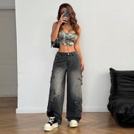 Quần Jeans Nữ Rapper Athleisure Grunge Star Pattern Washed