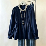 Women Blouse 2026 New French Doll Style Pleated Stand Collar Rhinestone Inlay Elegant Party Daily We
