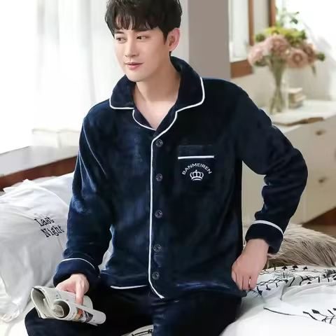 Men Winter Thick Coral fleece Pajamas set Warm Soft pijama hombre Sleepwear Pijama Couple Homme Nigh