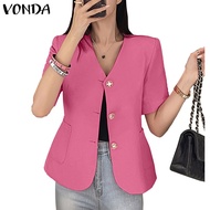VONDA Women Korean Short Sleeve Open Front Pocket Blazer
