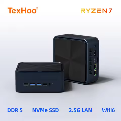 TexHoo Mini PC AMD R7 7735HS up to 64G DDR5 1T NVMe Dual 2.5G LAN HDMI DP Wifi6 WDesktop Gaming Comp