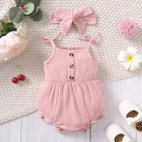 2024 New 0-9 Months Pink Cute Baby Romper Newborn Baby Girl Suspender Triangle Bodysuit with Headban
