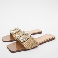 Zara2022 New Style Fashionable Straw Woven Pearl Natural Color Ornaments Inlaid Shoes Casual All-Match Flat Slippers Women