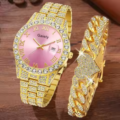 2PCS Luxury Women's Watch Set Fashionable and Elegant Diamond Elements with Calendar Quartz Watch Br