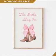 Wall painting, The Boots Stay On, Pink Coquette Western Decor, Coquette Cowgirl, Pink Cowgirl Boots 