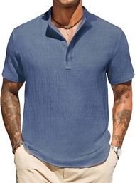 COOFANDY Mens Henley Shirt Short Sleeve Casual Band Collar Linen Shirt Summer Beach Hippie T-Shirts 