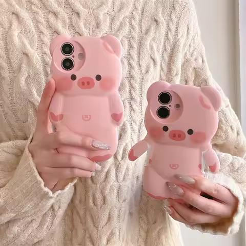 Kawaii 3D Cartoon Pink Pig Phone Case For iPhone 16 Pro 15 14 13 12 Pro Max Cover Shockproof Silicon