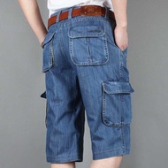 Summer New Brand Mens Jeans Denim Shorts Cotton Cargo Shorts Big Pocket Loose Baggy Wide Leg Embroid
