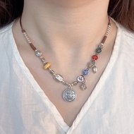 S999 sterling silver retro five-way god of wealth enamel braided necklace S999银五路财神珐琅彩项链