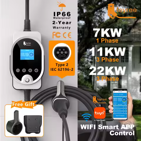 feyree Type2 EV Charger EVSE Wallbox 22KW 11KW 3P Smart APP Wi-Fi Control 7KW 32A 1P Setting Current
