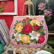 Floral crossstitch bag. Pink color with Gold tone frame and chian.