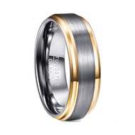 BONLAVIE Mens Silver Grey Matte Tungsten Carbide Ring 8mm Gold Plated Beveled Edge Brushed Finish