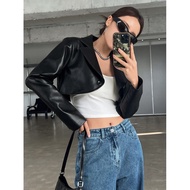 HITAM Riseleather.id - Women's Leather Jacket Black Crop Blazer Korean Style
