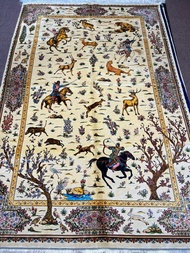 "Hunt for Luxury: Persian Silk on Silk Carpet with Exquisite Hunting Design 5x8 ft (150x240 cm) - Cr