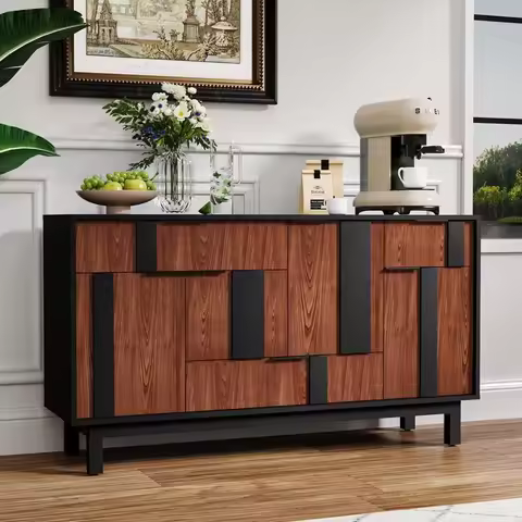 Modern Sideboard Cabinet with 3D Geometric Doors, 54 Inch TV Cabinet with 4 Door and 3 Drawers, Buff