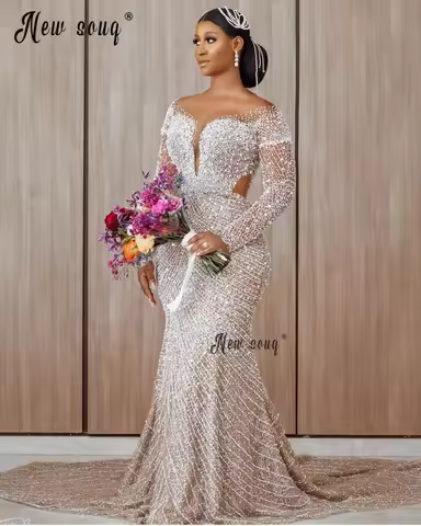 Africa Off Shoulder Long Sleeve Wedding Dress Dubai Women Pearls Beaded Bridal Gowns For Black Girl 