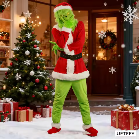 Christmas Grinch Cosplay Costume Green Fleece Santa Suit with Red White Trim Festive Holiday Party O