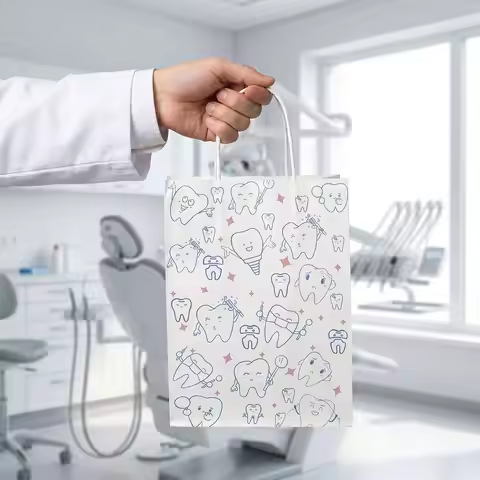 Dental Theme Paper Shopping Handbags Adorable Teeth Pattern Kraft Gift Bag for Dentist Clinic Giveaw