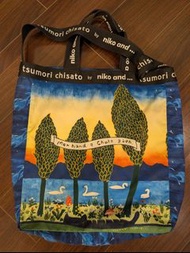 日本 niko and ...  x Tsumori Chisato 聯名系列的兩用托特包 2 WAY Tote Bag  童趣 插畫圖案  森林 黑貓 樹 天鵝 星空