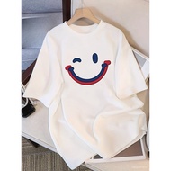 T-Shirt Lengan Pendek Putih Musim Panas Y2K Wanita - Cetakan Wajah Senyuman Comel, Leher Krew Longga