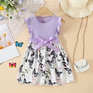 baju budak perempuan 4-7 Years  Dress for Kids Girl Birthday Clothing Sleeveless Butterfly Print Party Dress baju merdeka kanak kanak perempuan Wedding Dinner Outfit Toddler Girl Cotton Daily Casual Clothes baju kanak kanak perempuan