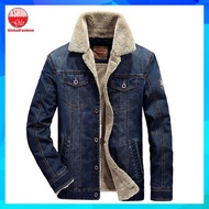 Plus Size Denim Jacket Men Baju Sejuk Lelaki Saiz Besar Jaket Jeans Turn Down Collar Winter Windbreaker Plush Jacket