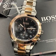BOSS手錶,編號HB1513584,42mm玫瑰金圓形精鋼錶殼,黑色三眼, 運動錶面,金銀相間精鋼錶帶款,獨具匠心!
