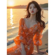 Bellflower French Orange Floral Dress Designer Spring Style 2024 New Style Beach Skirt Female Seaside Vacation Super Fairy