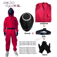 Squid game การ์ดเกมปลาหมึก/บอสชุดคอสเพลย์ผู้หญิงผู้ใหญ่และจั๊มพ์สูทสำหรับเด็กพร้อมถุงมือหน้ากากชุดจั