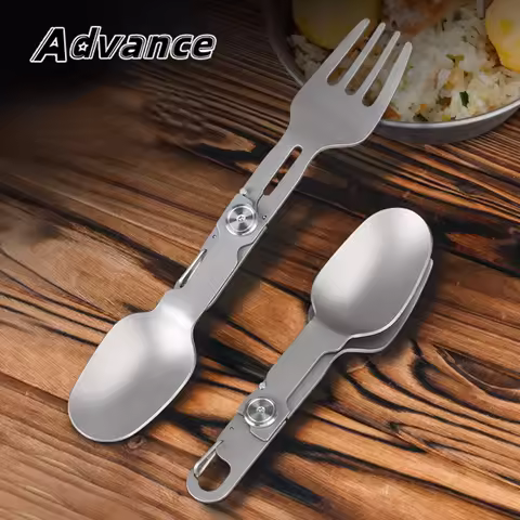 Portable Titanium Alloy 2 in 1 Folding Fork and Spoon Combo Lightweight Camping Utensil Spork for Ba