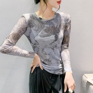 Rehin phong cách châu âu Đồ Họa Tie-Dye mực và rửa in lưới dài tay áo T-shirt ôm vừa Mùa Thu/Mùa Đôn