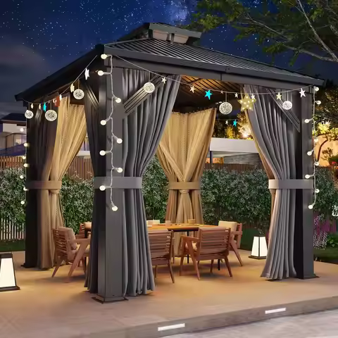 8x8FT Sturdy Hardtop Gazebo, Rustproof Aluminum Frame Double Steel Roof Outdoor Shelter with Decorat