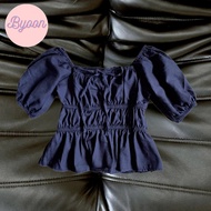 Áo Linen Nữ Dáng Babydoll BYOON SAIGON Tay Bồng Kiểu Thắt Nơ Ngực A51349