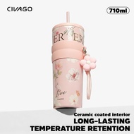 CIVAGO（26oz/780ml）Ceramic liner Stainless Steel Coffee Mug With Lid Vacuum Flask Tumbler Floral Seri