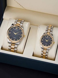 情侶防水時尚手錶套裝,大型數字顯示,優雅金色鋼錶帶,豪華禮物