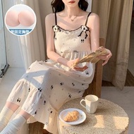 實拍夏季新款梭織雲朵棉吊帶睡裙女帶胸墊公主風甜美家居服長裙-圖片色 160(M)
