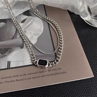 Ins Fashion Necklace Kalung Rantai Titanium Steel Double Layer Silver Adjustable Aksen Liontin Perma