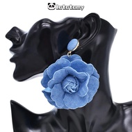 LATATPH Blue Rose Earrings, Ornament Denims Denim Blue Fabric Earrings, Handmade Exaggerate Flower E
