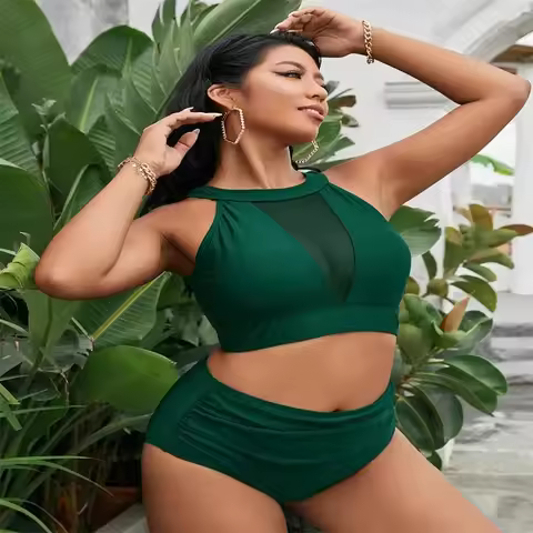 Mesh Patchwork 2 Piece Plus Size Bikini Set Women Large Swimsuit Brazilian High Waist Swimwear Chubb