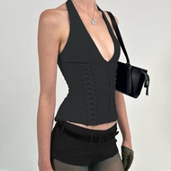 Áo Vest Nữ Jennie Zipper Neck Strap Slim Fit Short Trendy Street Style Polyester Spandex V-neck Outw